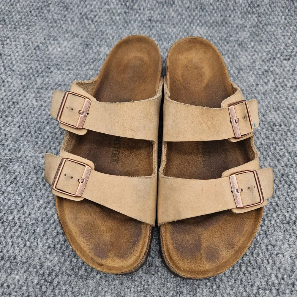 Birkenstock (Men's 43 US 10) Tan Sandals Arizona Leather Two Strap Slide Comfort
